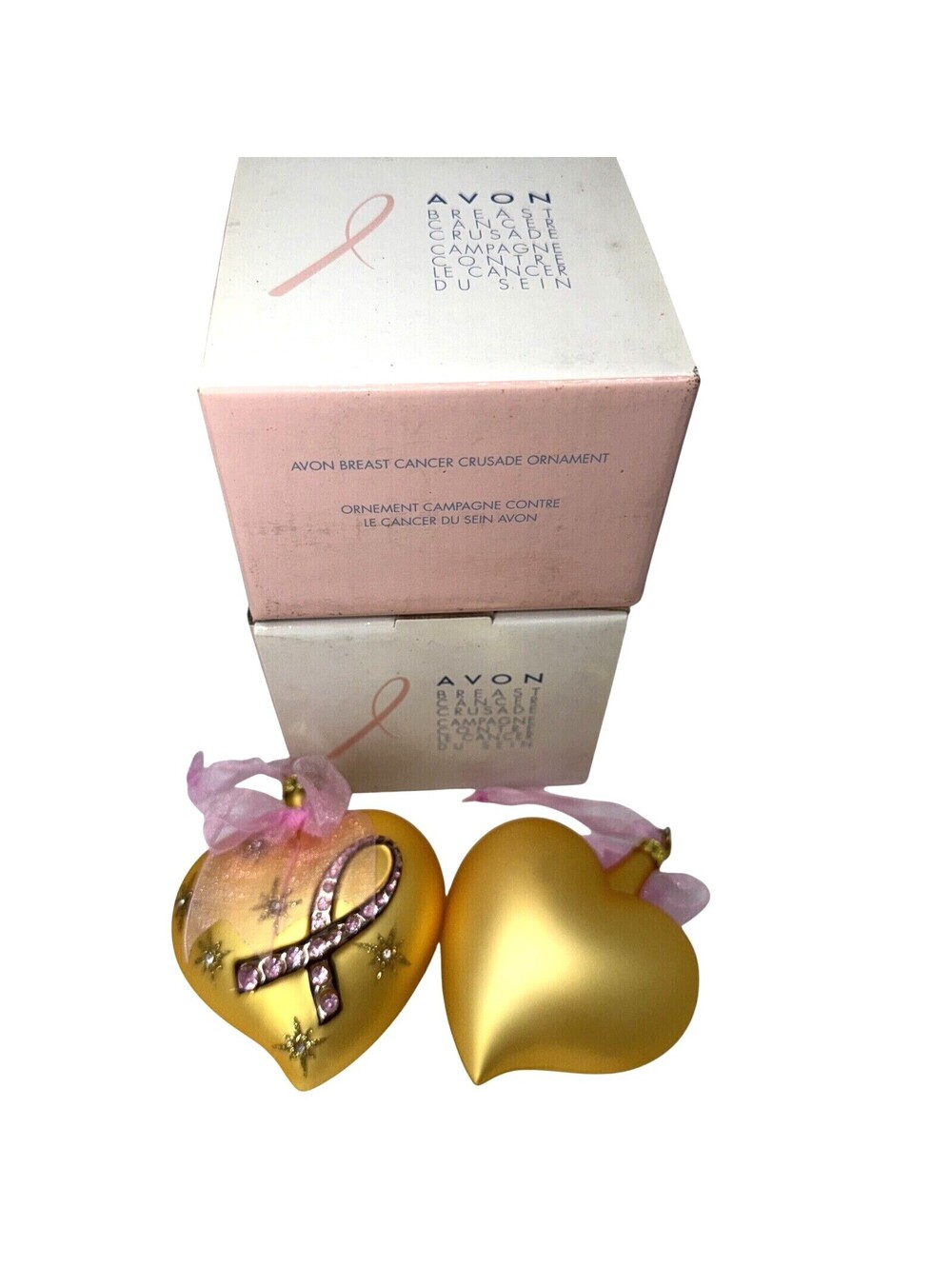 2 Avon Breast Cancer Awareness Crusade Glass Gold Heart Ornament Valentines Day